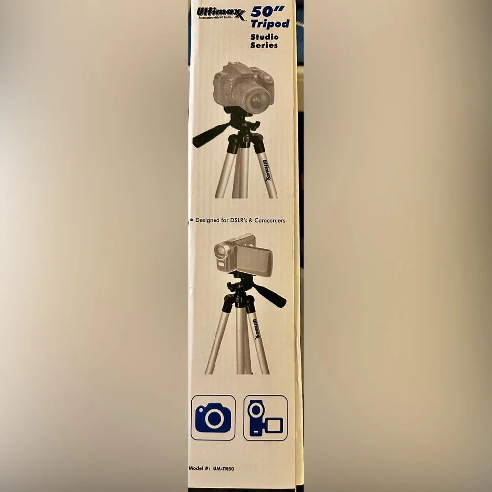 lite weight tripod storage size 15” open to 50”. Brand new never been used.